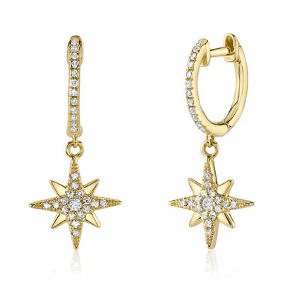 Diamond North Star Drop Earrings | 14K Yellow Gold | 0.19 ctw | Celestial Dangle Earrings - Brownee Jewelers
