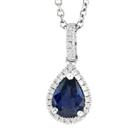 14K White Gold .90ct Pear-Shape Sapphire & .08ct Diamond Halo Pendant