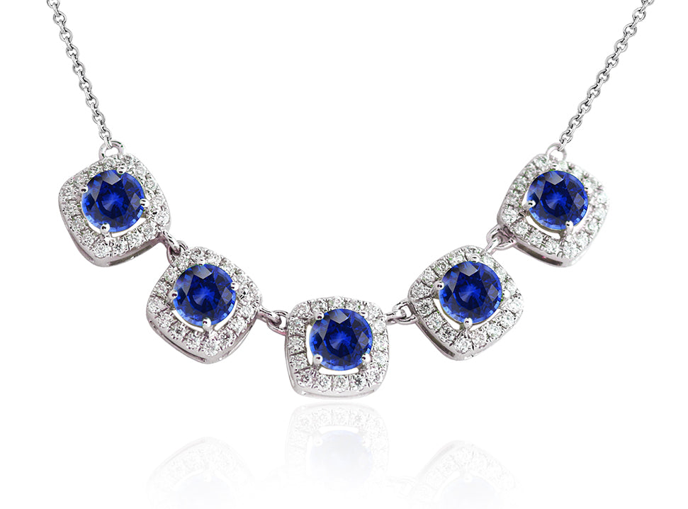 14K White Gold 1.22ct Sapphire & .33ct Diamond Five-Station Necklace