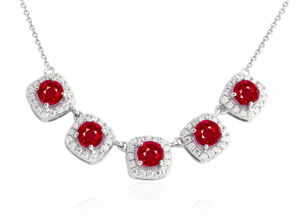 14K White Gold 1.43ct Ruby & .33ct Diamond Five-Station Necklace