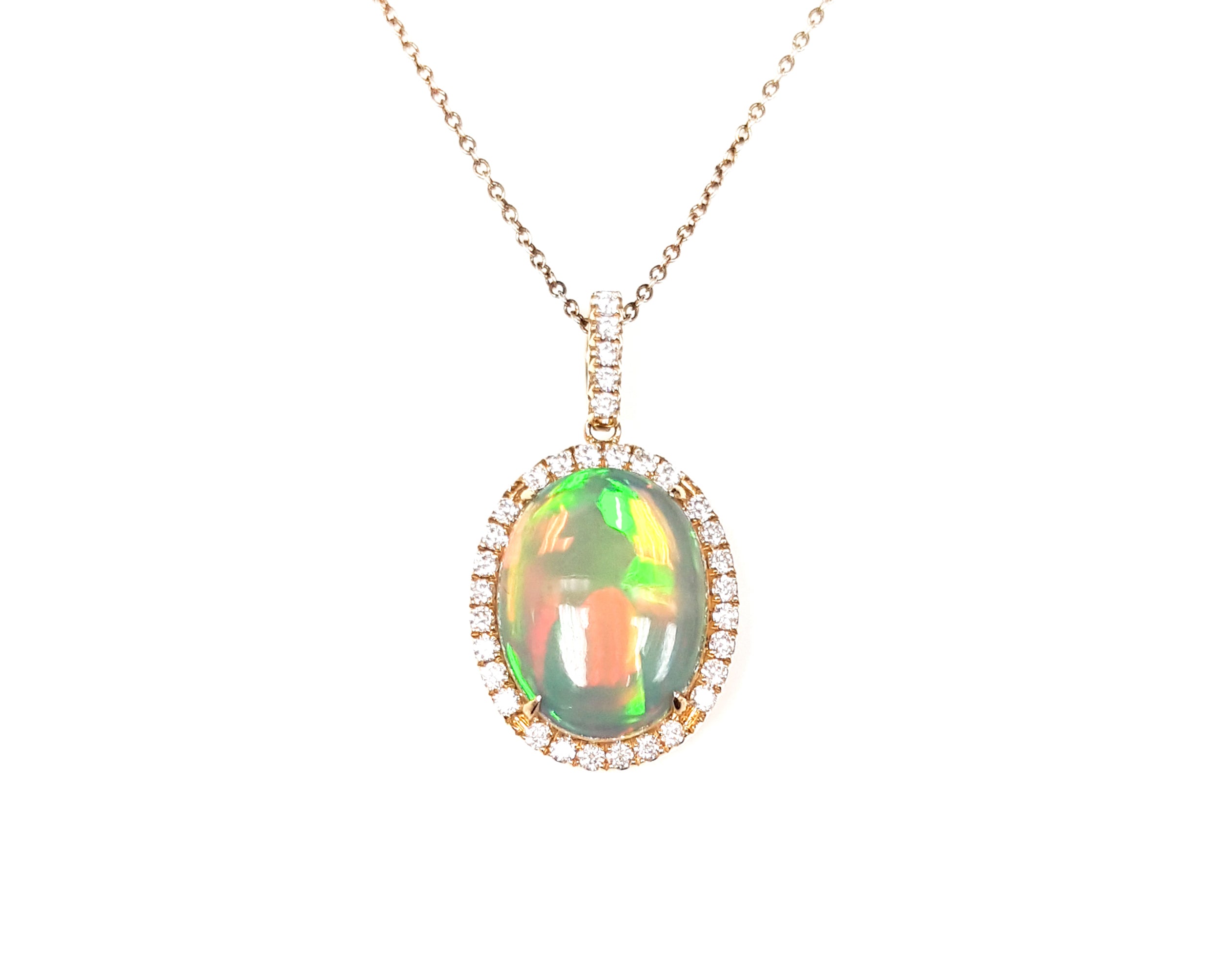 14K Yellow Gold 2.17ct Opal & .34ct Diamond Halo Pendant