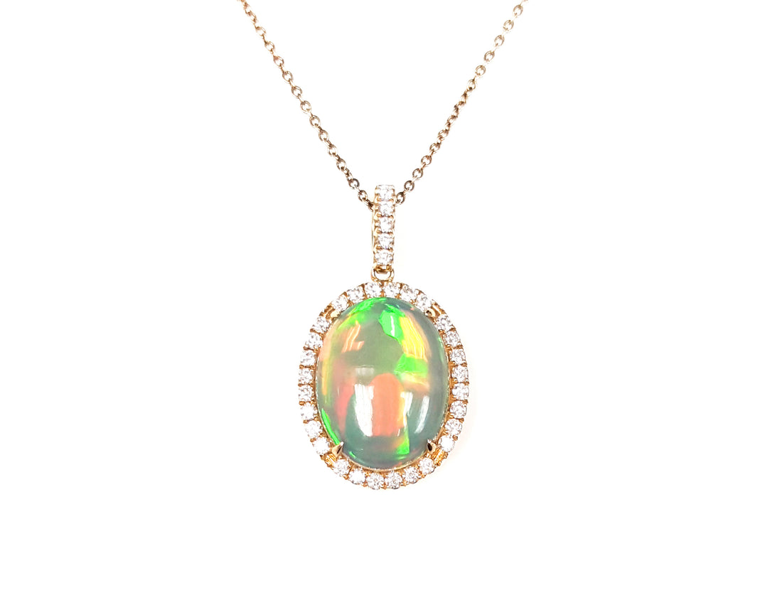 14K Yellow Gold 2.17ct Opal & .34ct Diamond Halo Pendant