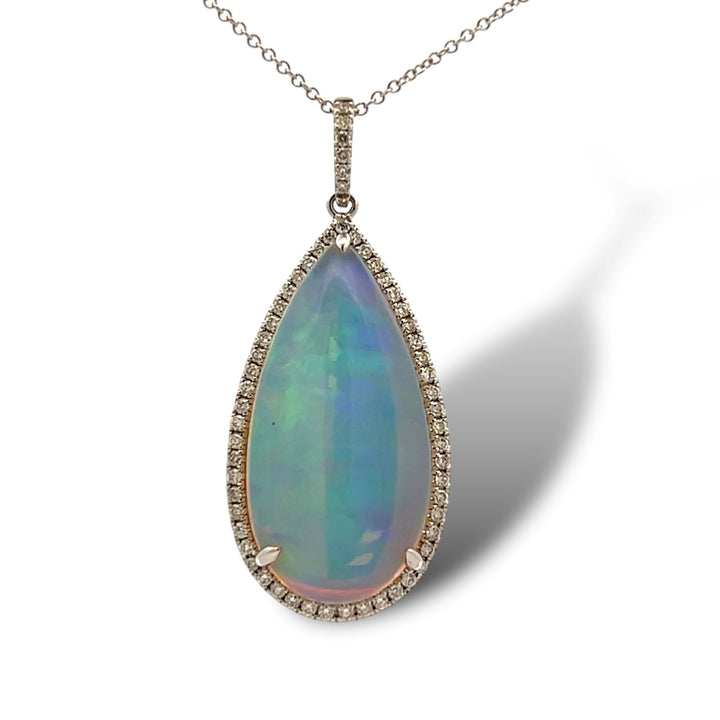 14K White Gold 12.86ct Pear-Shape Opal & .36ct Diamond Pendant