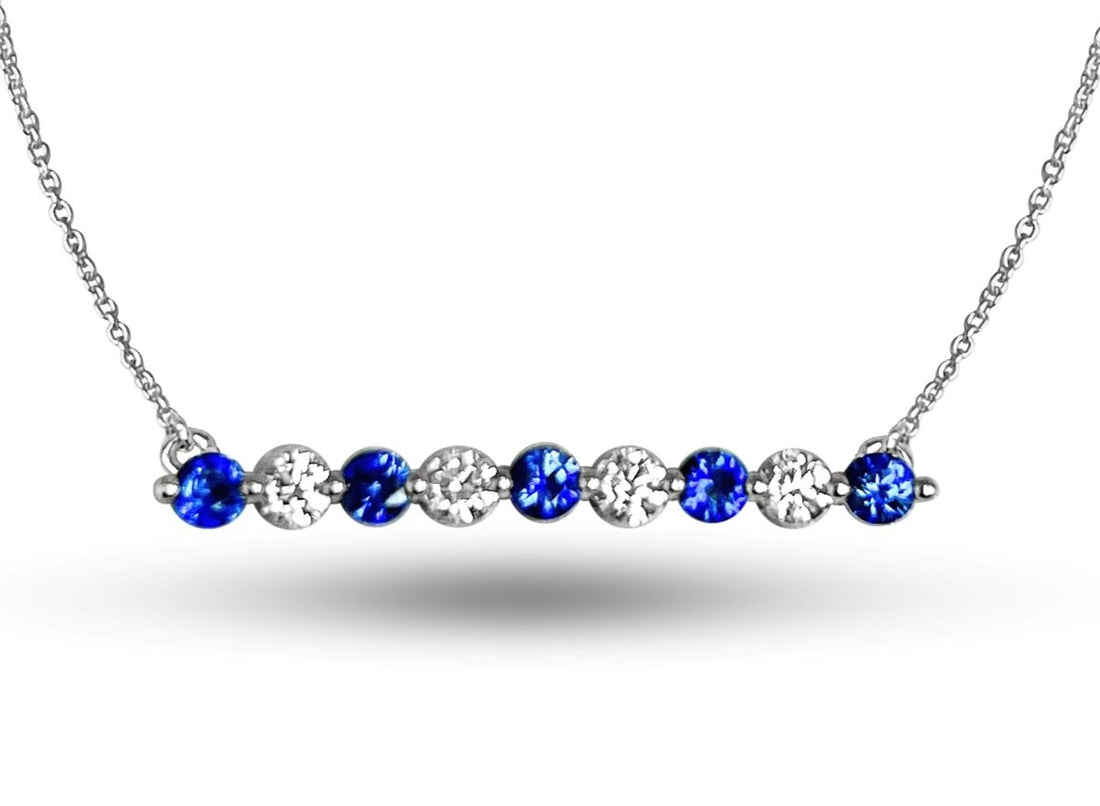 14KT White Gold Diamond & Blue Sapphire Bar Necklace – .66 CTW