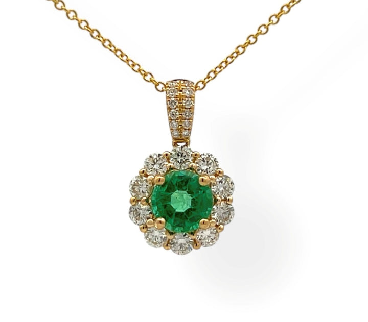 18K Yellow Gold .69ct Emerald & .64ct Diamond Halo Pendant