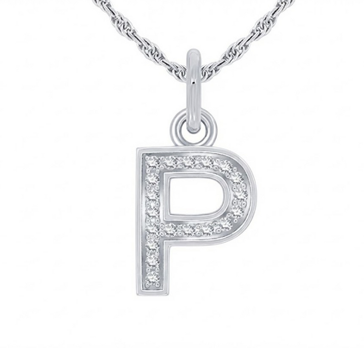 Silver Diamond Block “P” Initial Pendant – 1/20 CTW