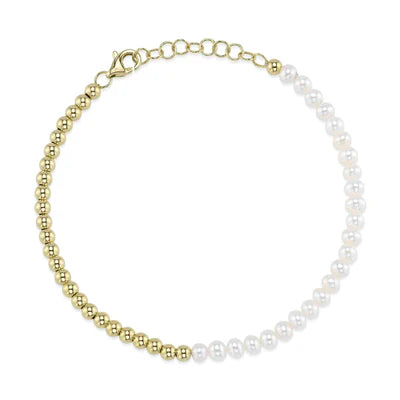 Cultured Pearl & Gold Ball Chain Bracelet | 14K Yellow Gold | Pearl Half Chain Bracelet - Brownee Jewelers