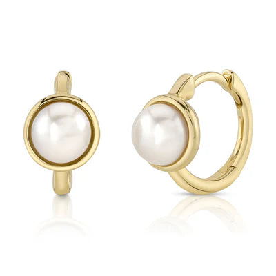 Cultured Pearl Huggie Earrings | 14K Yellow Gold | Classic Bezel Pearl Hoops - Brownee Jewelers