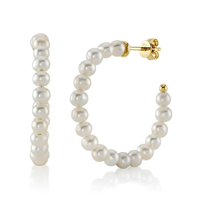 Cultured Pearl Hoop Earrings | 14K Yellow Gold | Classic Beaded Pearl Hoops - Brownee Jewelers