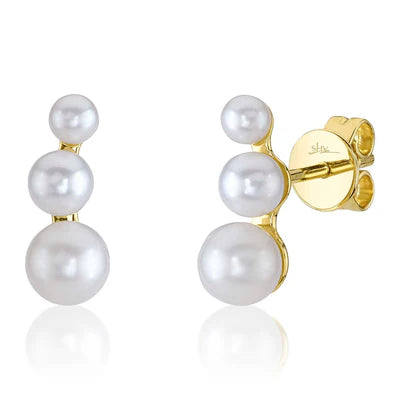 Cultured Pearl Stud Earrings | 14K Yellow Gold | Graduated Pearl Design | Stud Earrings - Brownee Jewelers
