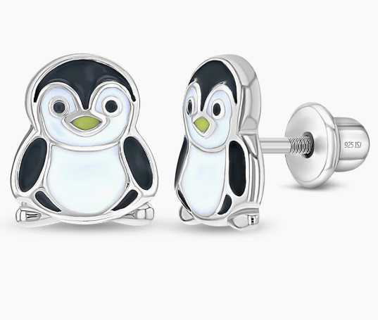 SILVER PENGUIN ENAMELED EARRINGS