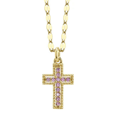 Pink Sapphire Cross Necklace | 14K Yellow Gold | 0.11 ctw Pink Sapphires - Brownee Jewelers