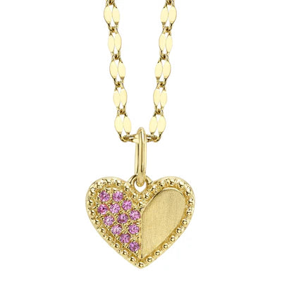 Pink Sapphire Heart Necklace | 14K Yellow Gold | 0.08 ctw | Matte Sparkle Chain Pendant - Brownee Jewelers