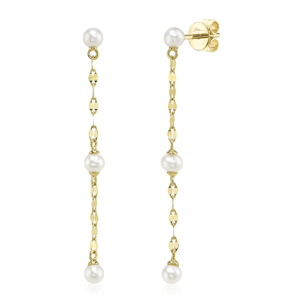 Cultured Pearl Sparkle Chain Drop Earrings | 14K Yellow Gold | Station Pearl Earrings - Brownee Jewelers
