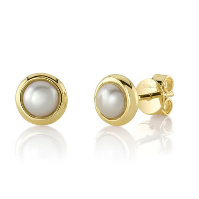 Cultured Pearl Stud Earrings | 14K Yellow Gold | Classic Bezel Pearl Studs - Brownee Jewelers