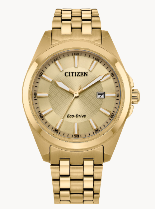 Featuring a gold-tone stainless steel case steel case and a champagne 3-hand dial encased in sapphire crystal, this timepiece is a combination of functional simplicity with a touch of elegance
