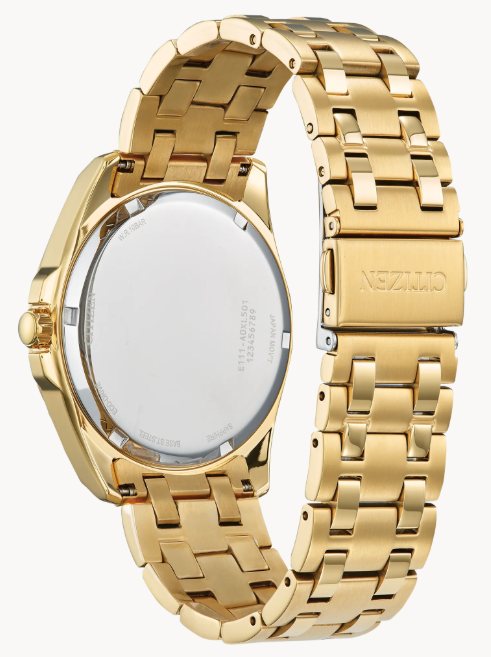 Featuring a gold-tone stainless steel case steel case and a champagne 3-hand dial encased in sapphire crystal, this timepiece is a combination of functional simplicity with a touch of elegance