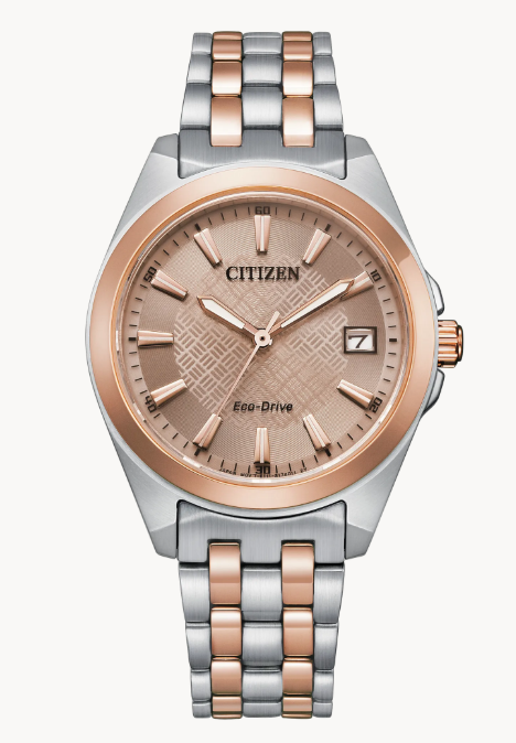 For a watch that is the perfect addition to every woman’s wardrobe, this classic watch from Citizen has a two-tone rose-gold stainless steel bracelet, paired with a light brown three-hand dial for a unique style that is sure to stand out.