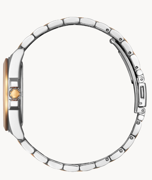 For a watch that is the perfect addition to every woman’s wardrobe, this classic watch from Citizen has a two-tone rose-gold stainless steel bracelet, paired with a light brown three-hand dial for a unique style that is sure to stand out.