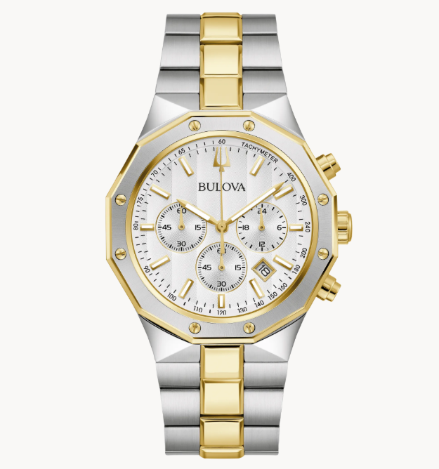 Bold, modern design characterizes this 6-hand chronograph from the Classic Bulova Prestige men’s collection