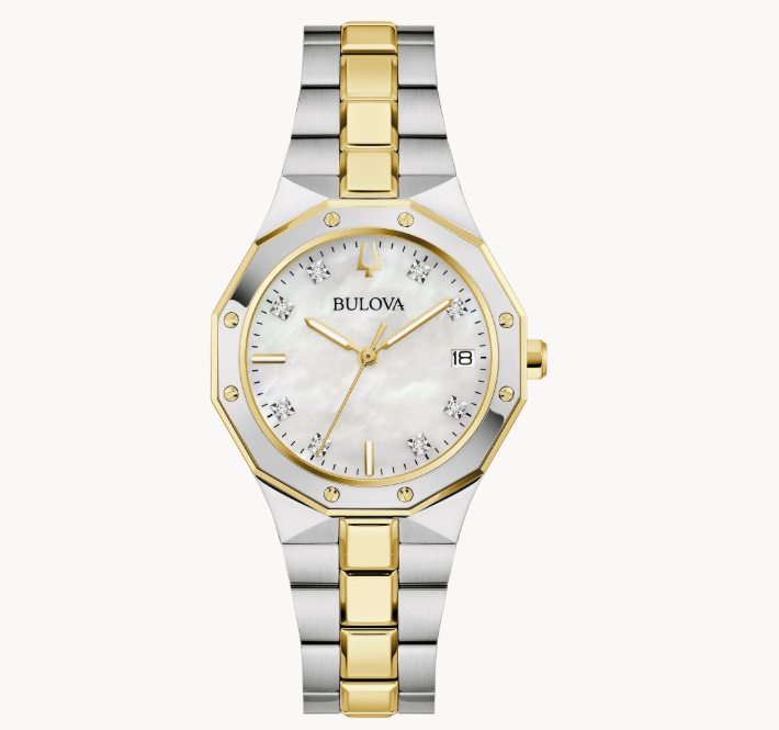 Bold, elevated design characterizes this Classic Bulova Prestige women’s timepiece that balances bold design with an elegant presence