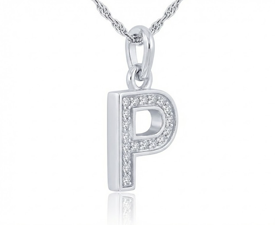 Silver Diamond Block “P” Initial Pendant – 1/20 CTW
