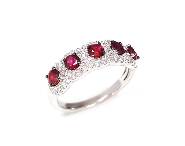 14K White Gold .98ct Ruby & .43ct Diamond Five-Stone Ring