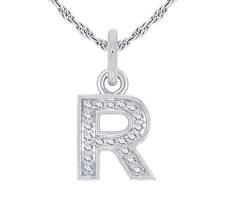 Silver Diamond Block “R” Initial Pendant – 1/10 CTW