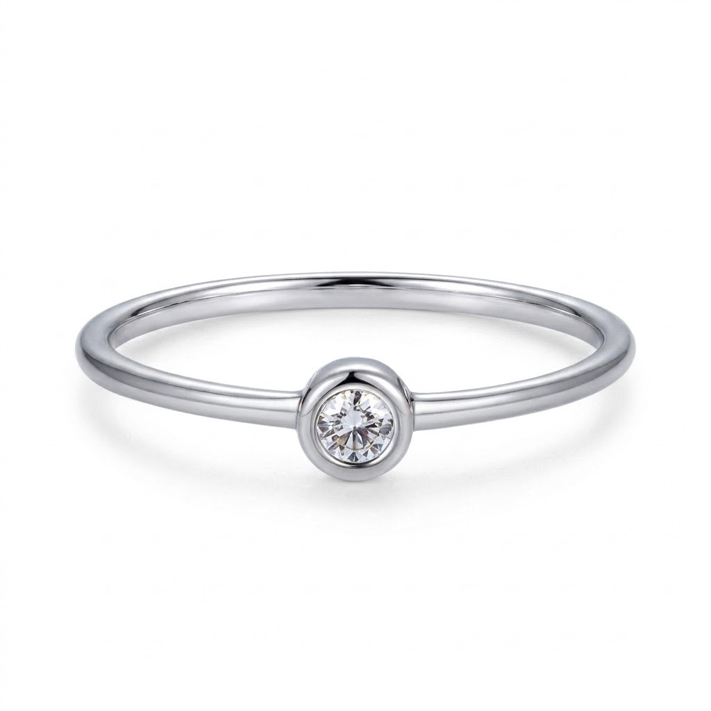 0.06 CTW Round Diamond Bezel Solitaire Stackable Ring in 14K White Gold