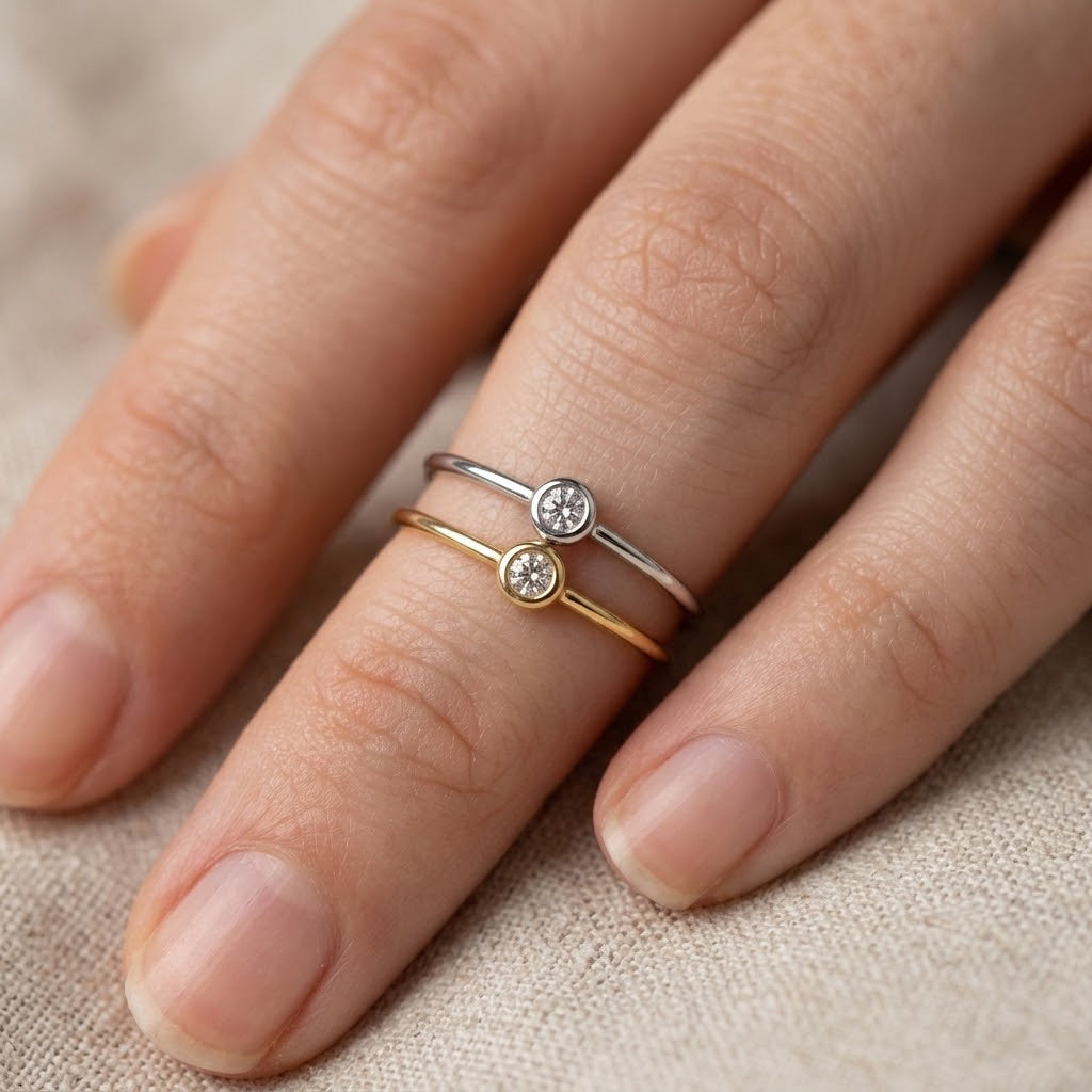 Round Diamond Bezel Solitaire Stackable Ring | 14K White Gold | 0.06 CTW Diamond | R6151-006WD - Brownee Jewelers