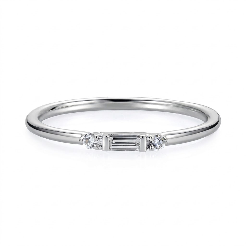 0.08 Total Carat Weight Round and Baguette Diamond Stackable Ring in 14K White Gold