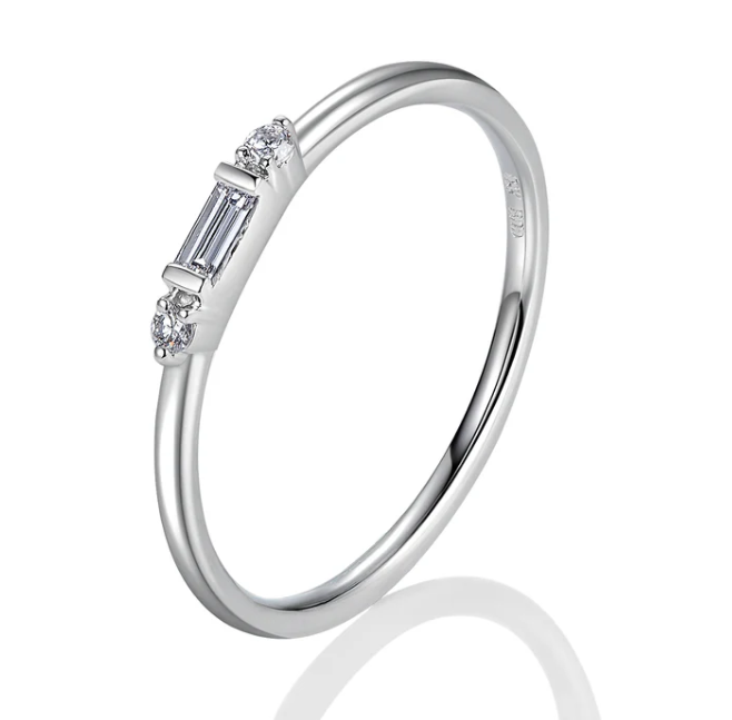 0.08 Total Carat Weight Round and Baguette Diamond Stackable Ring in 14K White Gold