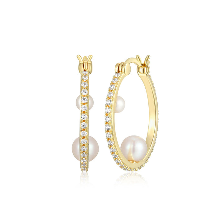 18KT GOLD PLATED OVER SILVER, AWARD WINNING CZ AND PEARL HOOP EARRINGS