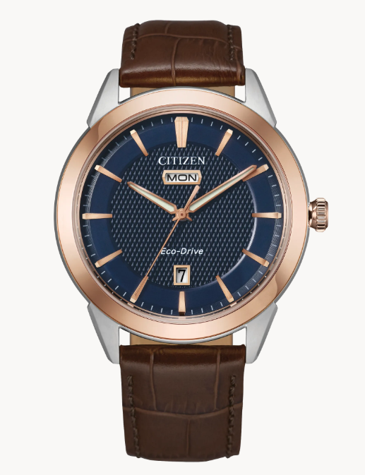 With a 40mm, stainless-steel rose-gold tone case and brown leather strap, Citizen’s Rolan watch is a paragon of timeless elegance.