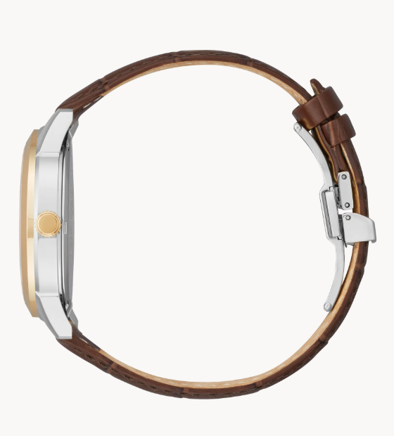 With a 40mm, stainless-steel rose-gold tone case and brown leather strap, Citizen’s Rolan watch is a paragon of timeless elegance.