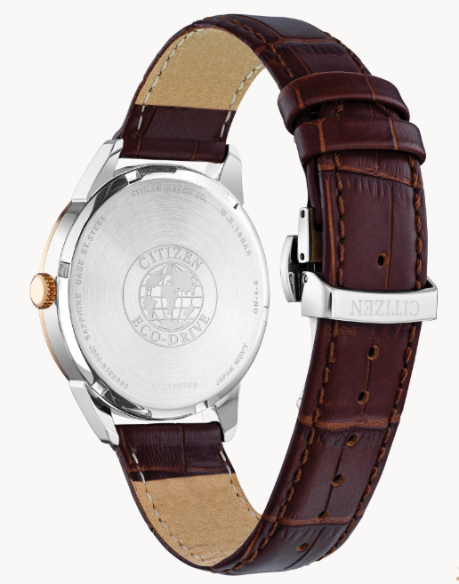 With a 40mm, stainless-steel rose-gold tone case and brown leather strap, Citizen’s Rolan watch is a paragon of timeless elegance.