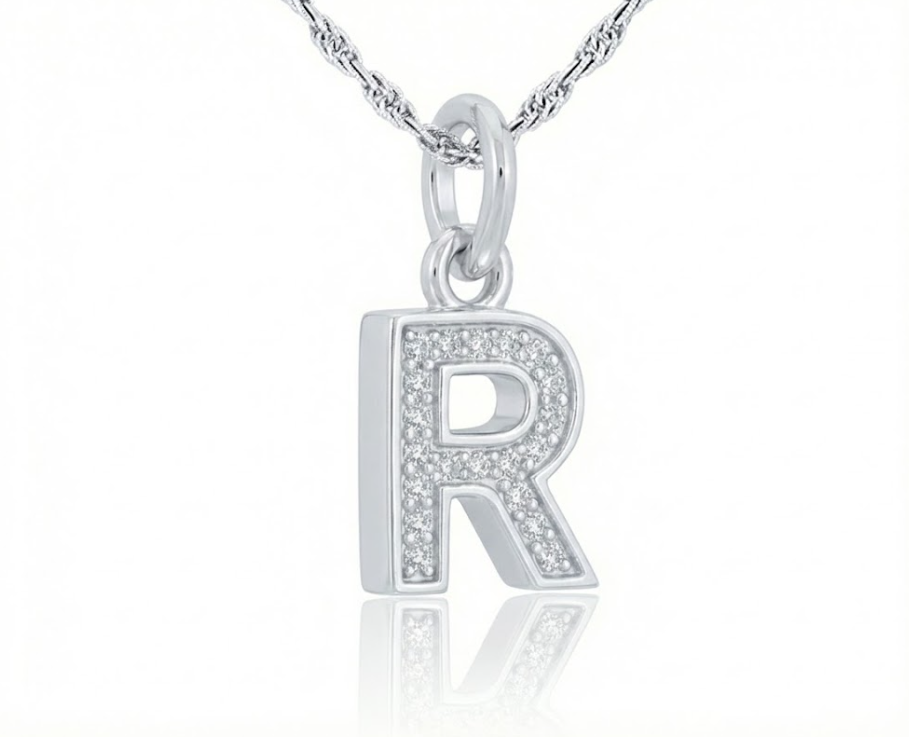 Silver Diamond Block “R” Initial Pendant – 1/10 CTW