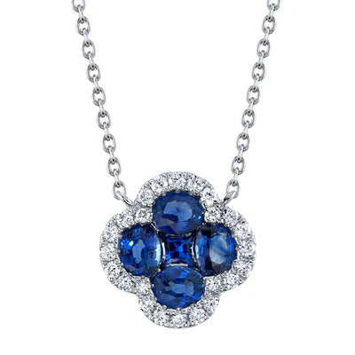 1.14 TOTAL CARAT WEIGHT BLUE SAPPHIRE & .16 TOTAL CARAT WEIGHT DIAMOND CLOVER NECKLACE IN 14K WHITE GOLD