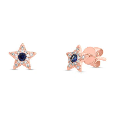 .09 TOTAL CARAT WEIGHT DIAMOND & .14 TOTAL CARAT WEIGHT BLUE SAPPHIRE STAR STUD EARRING IN 14K ROSE GOLD