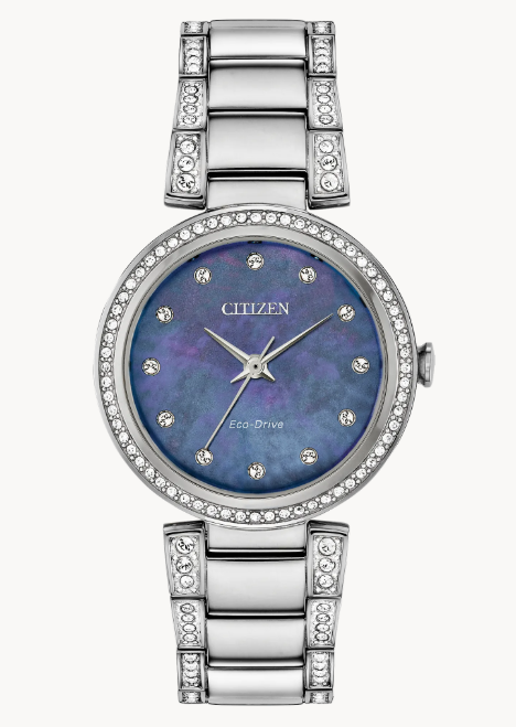 Citizen’s Ladies Crystal timepiece with patented Eco-Drive technology features a stainless steel bracelet inset with crystals