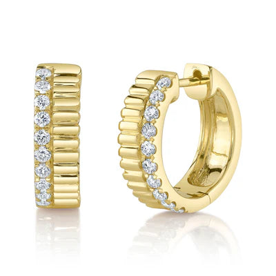 Diamond Ribbed Huggie Earrings | 14K Yellow Gold | 0.34 ctw | Textured Hoop Earrings - Brownee Jewelers