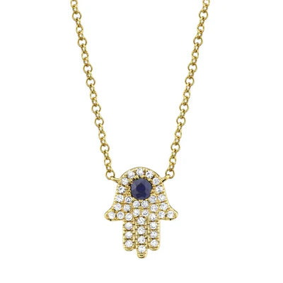 SHY CREATION | 0.09CT DIAMOND & 0.08CT BLUE SAPPHIRE HAMSA NECKLACE | 14K YELLOW GOLD | SC55005245 - Brownee Jewelers