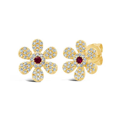 Diamond & Ruby Flower Stud Earrings | 14K Yellow Gold | 0.29 ctw | Floral Studs - Brownee Jewelers