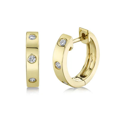 Diamond Huggie Earrings | 14K Yellow Gold | 0.11 ctw | Bezel Set Hoop Earrings - Brownee Jewelers
