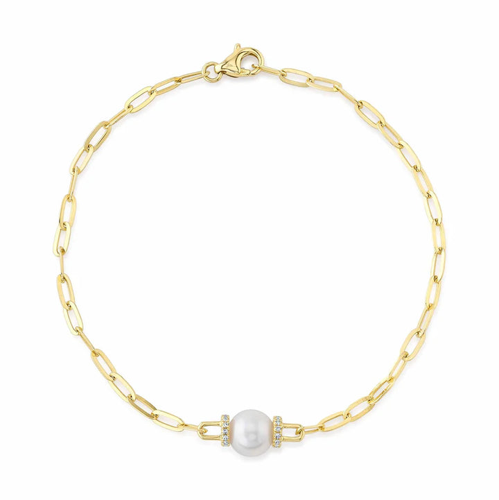 SHY CREATION JACKIE | 0.07CT DIAMOND & CULTURED PEARL PAPER CLIP LINK BRACELET | 14K YELLOW GOLD | SC55022626 - Brownee Jewelers