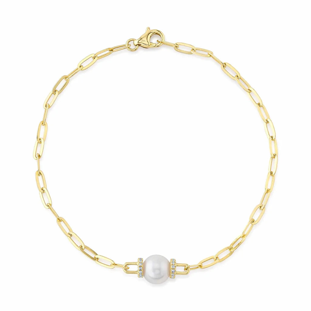 0.07CT DIAMOND & CULTURED PEARL PAPER CLIP LINK BRACELET IN 14K YELLOW GOLD