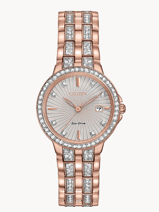 Classic lines and fashionable edge with lots of sparkle are hallmarks of this Citizen Silhouette Crystal pink gold-tone stainless steel bracelet