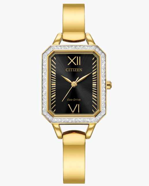 Citizen Silhouette Crystal | Ladies Eco-Drive Watch | Gold-Tone Bracelet | Crystal-Accented Bezel | Black Dial | EM0982-54E - Brownee Jewelers