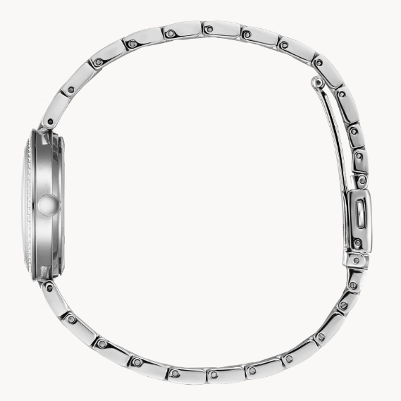 Citizen’s Ladies Crystal timepiece with patented Eco-Drive technology features a stainless steel bracelet inset with crystals