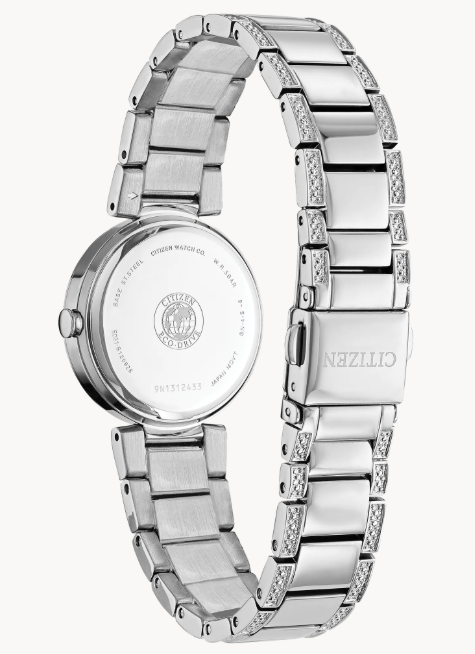 Citizen’s Ladies Crystal timepiece with patented Eco-Drive technology features a stainless steel bracelet inset with crystals
